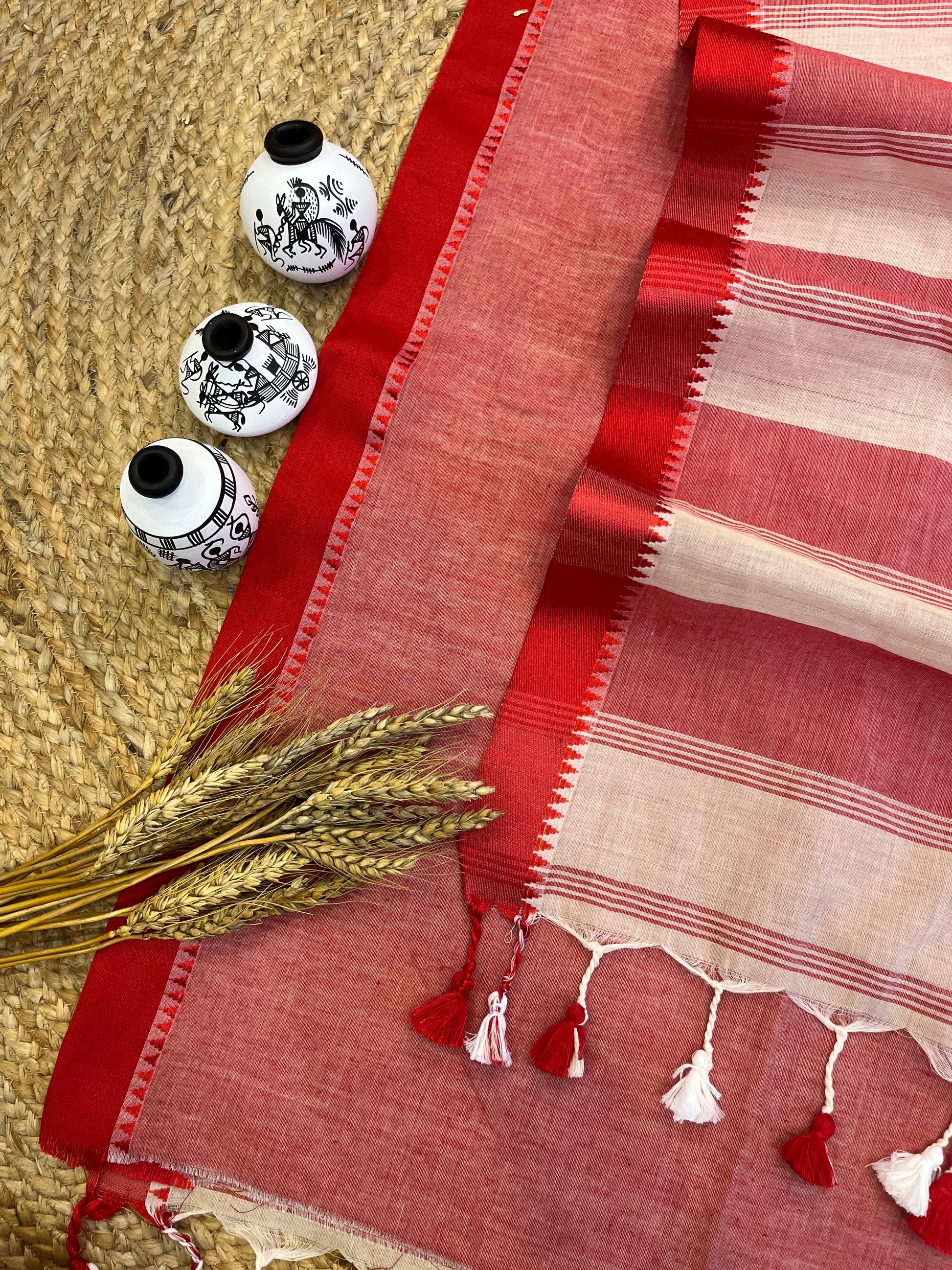 Red and Cream Rhapsody Cotton Saree - WEVOW