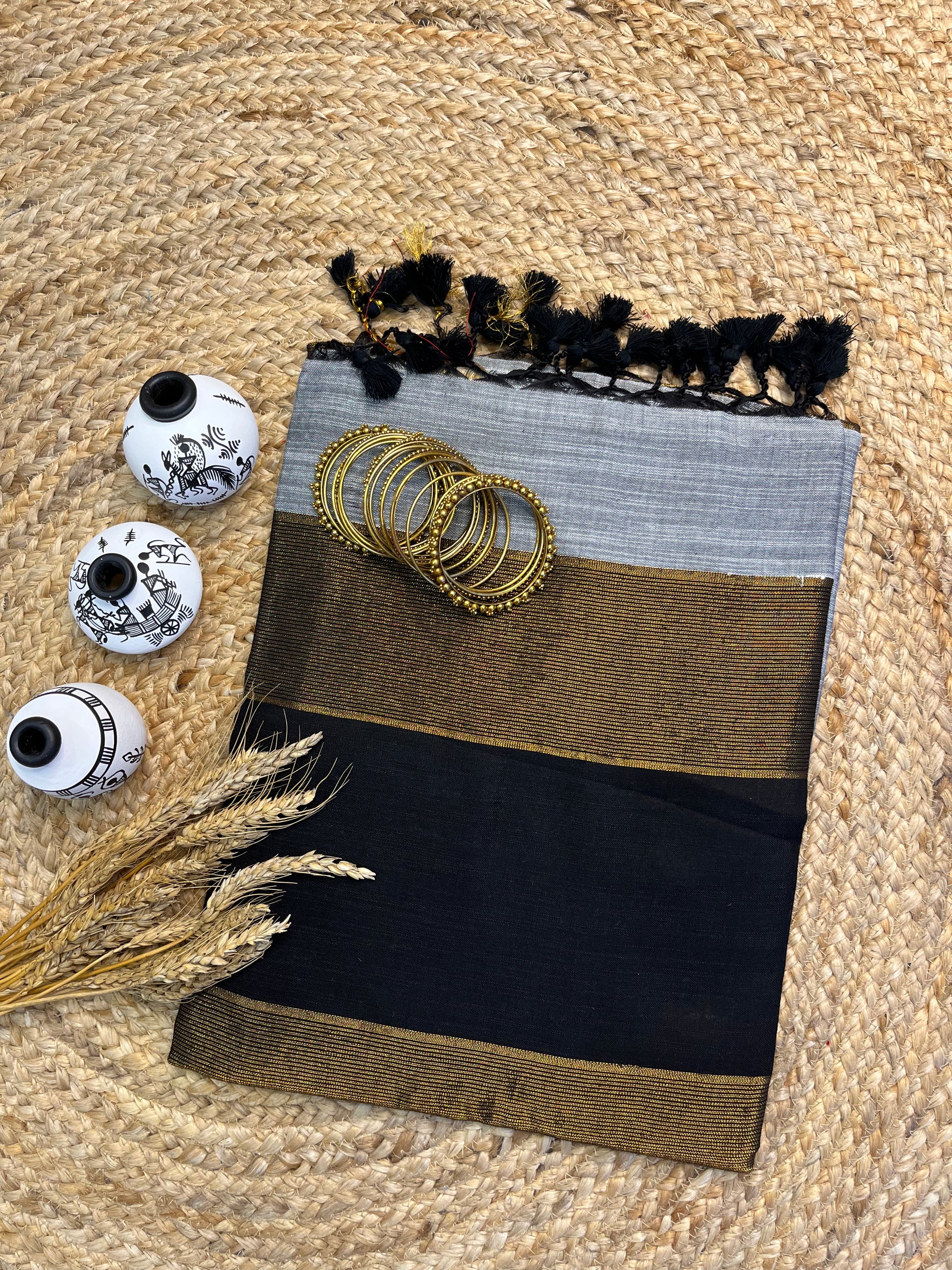 Black and Gold Rhapsody Linen Saree - WEVOW