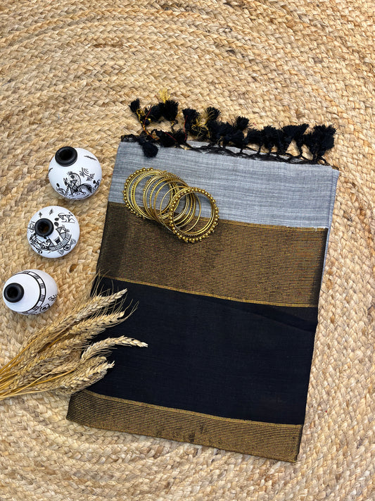 Black and Gold Rhapsody Linen Saree - WEVOW