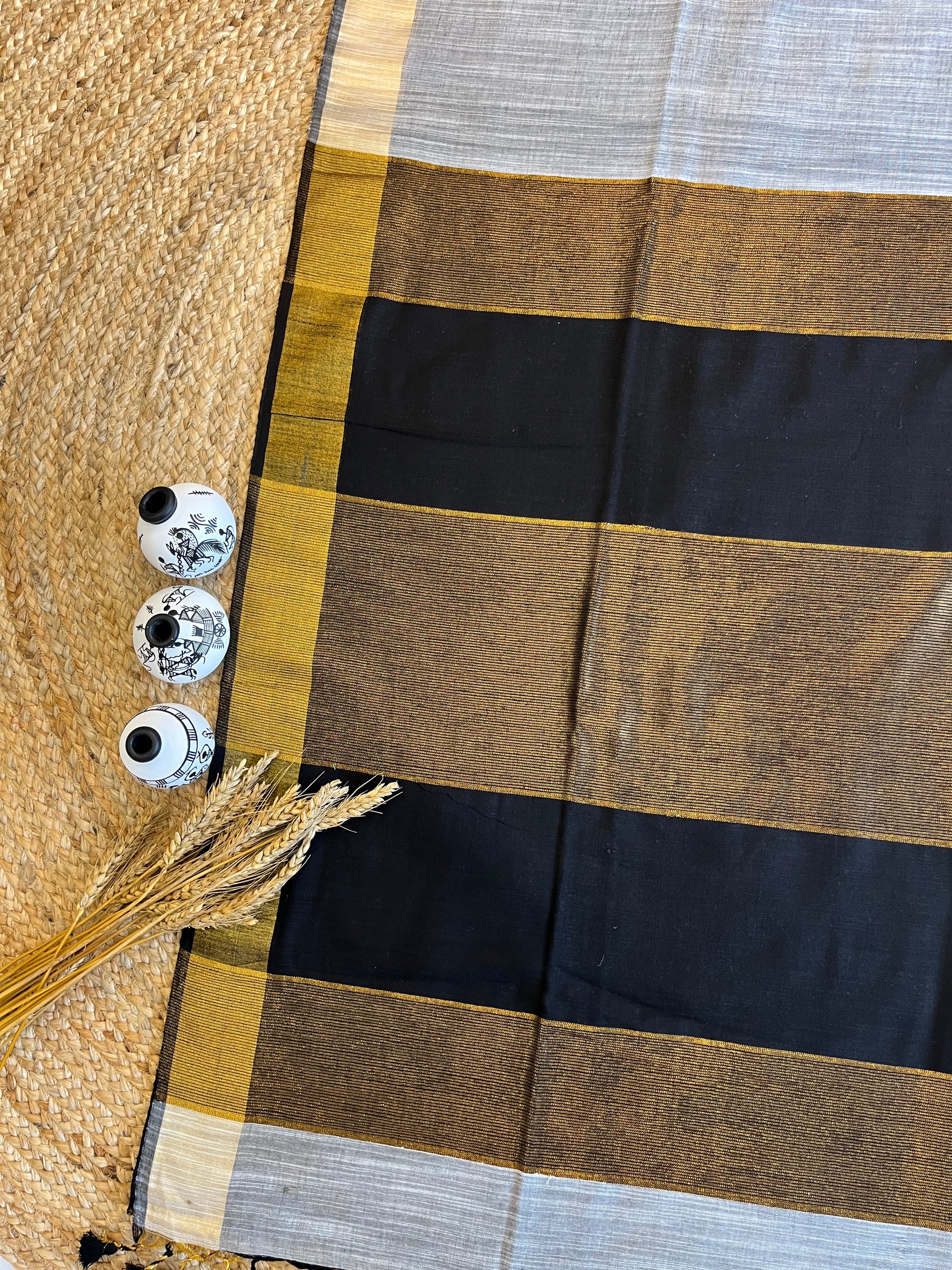 Black and Gold Rhapsody Linen Saree - WEVOW