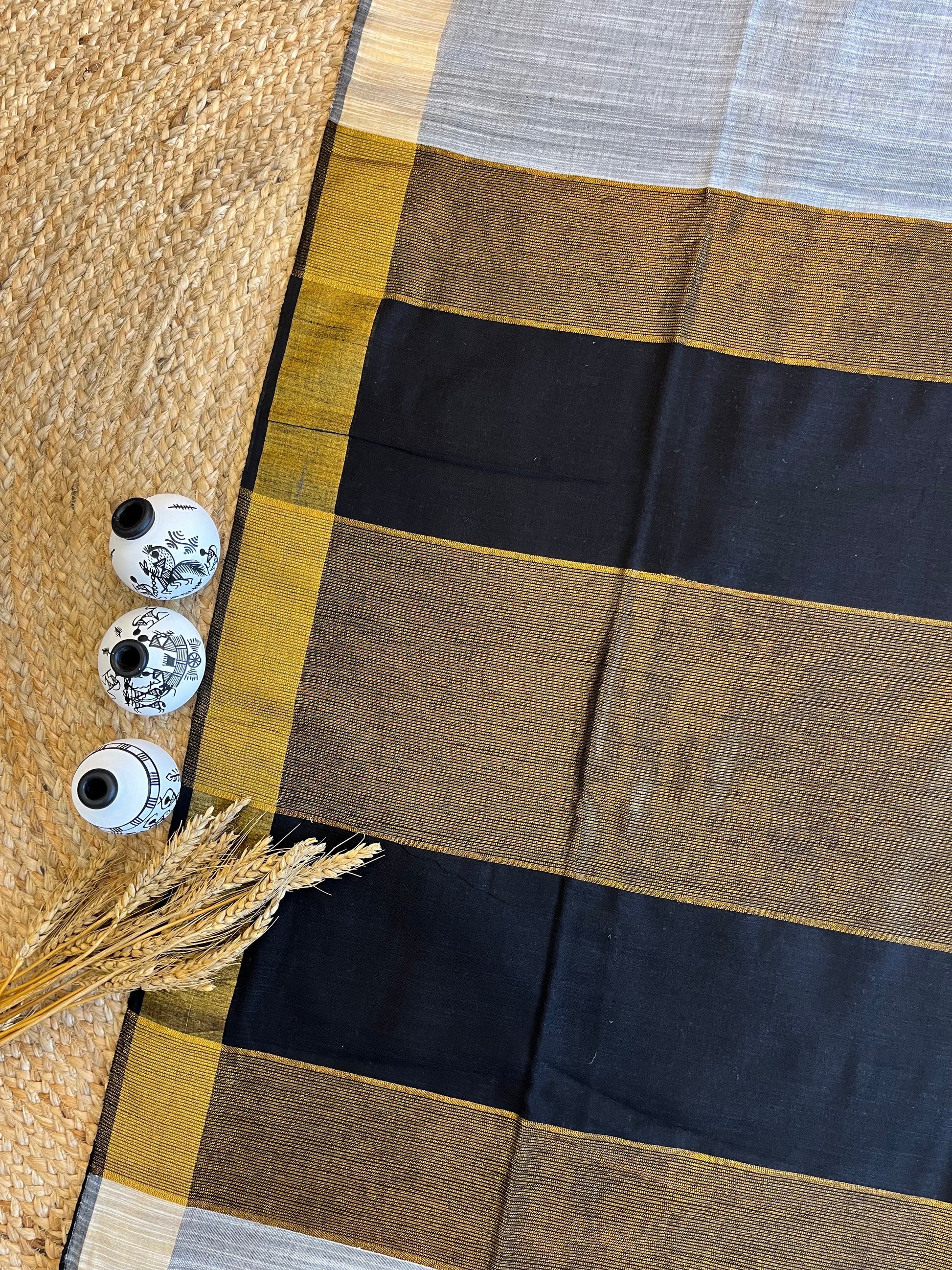 Black and Gold Rhapsody Linen Saree - WEVOW