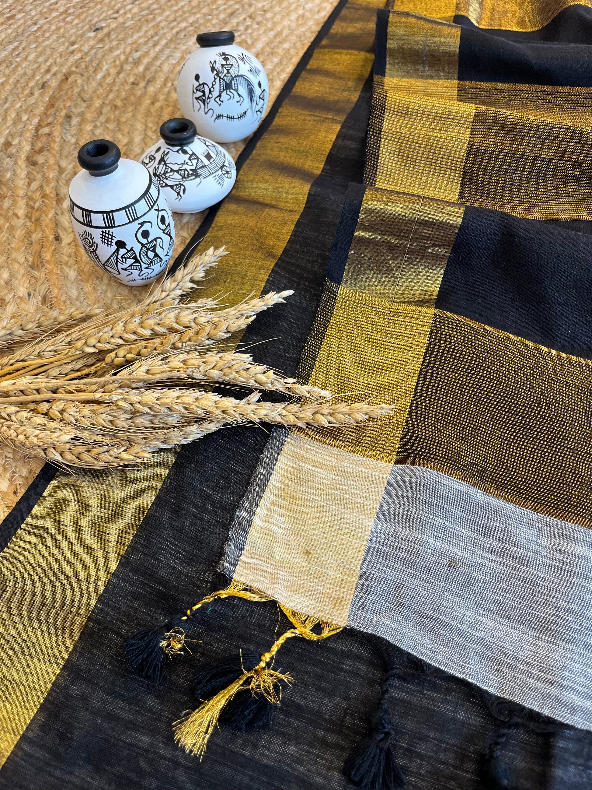 Black and Gold Rhapsody Linen Saree - WEVOW