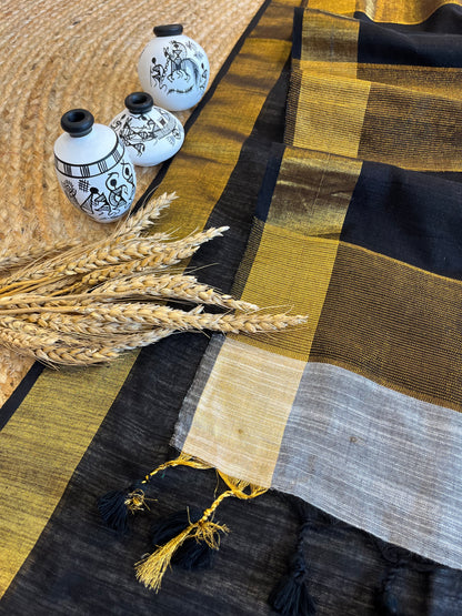 Black and Gold Rhapsody Linen Saree - WEVOW