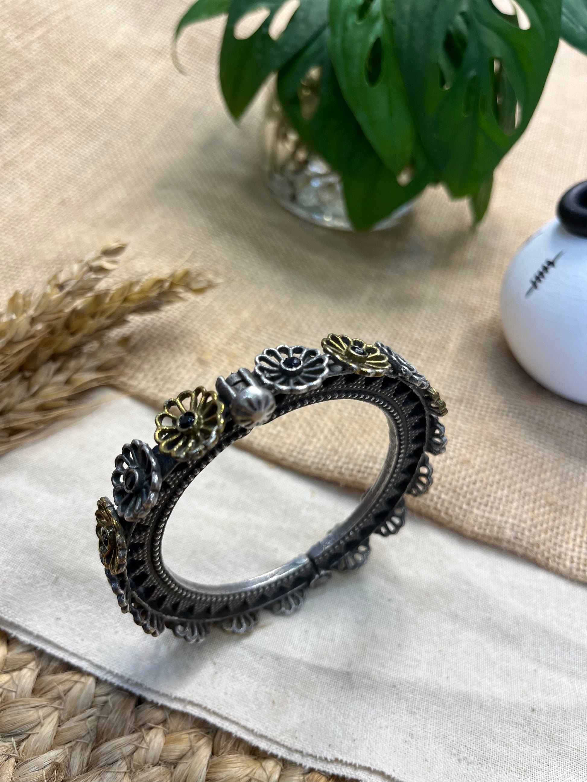 Intricate Oxidized Silver Bangle - WEVOW