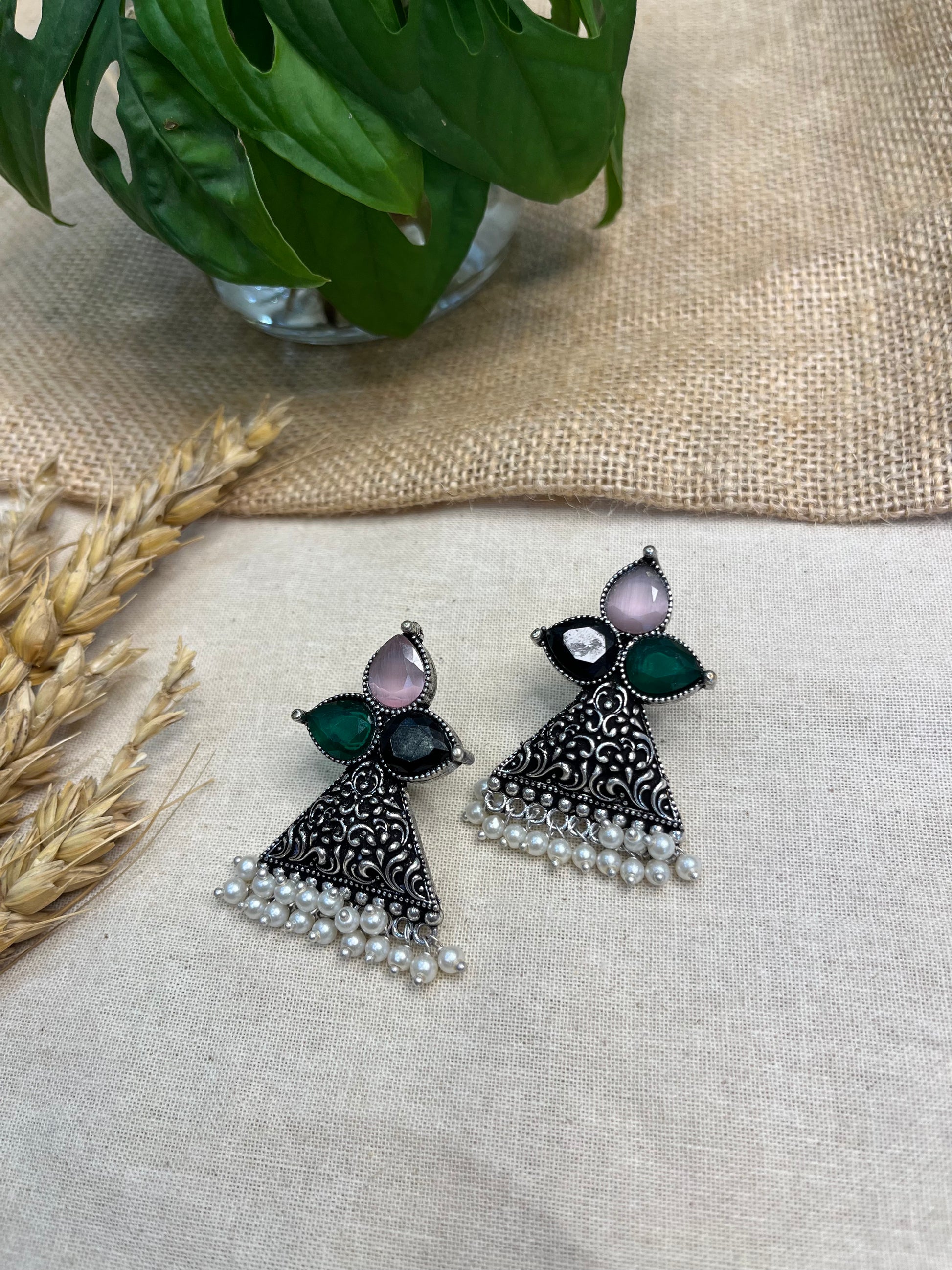 Oxidized Silver Jhumka Earrings with Multicolor Stone Drops - WEVOW