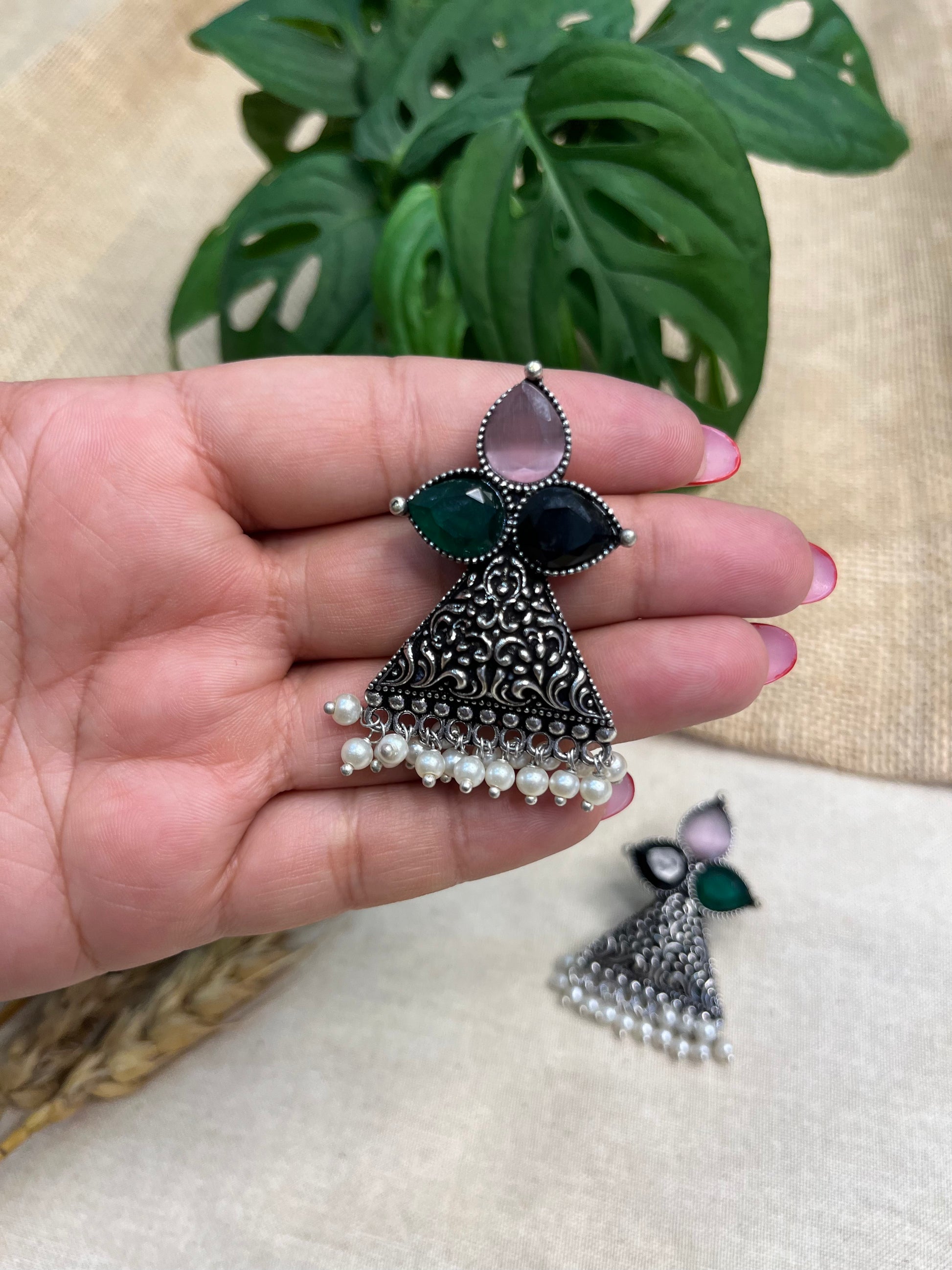 Oxidized Silver Jhumka Earrings with Multicolor Stone Drops - WEVOW