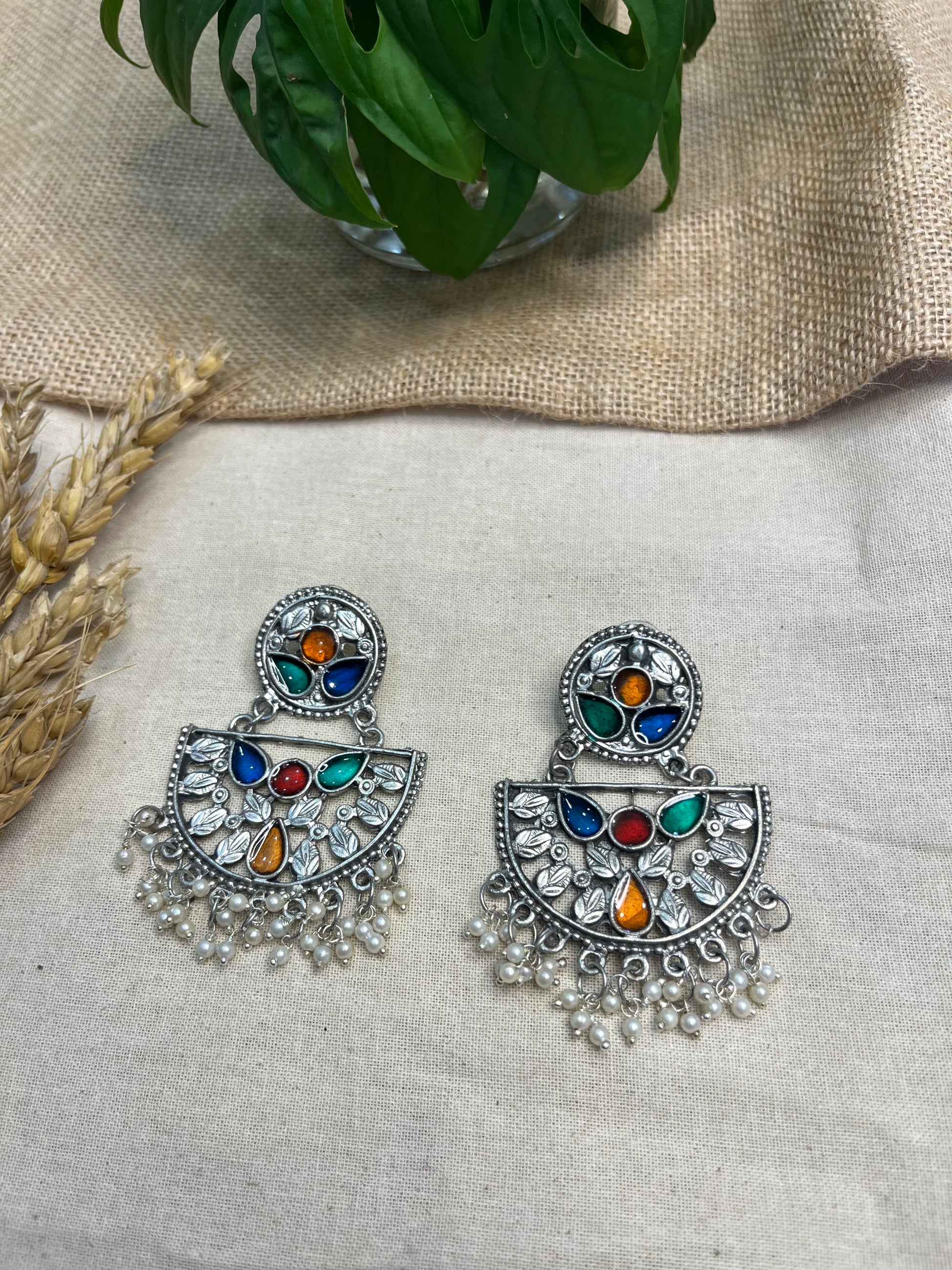 Vibrant Multicolor Glass and Oxidized Silver Earrings - WEVOW