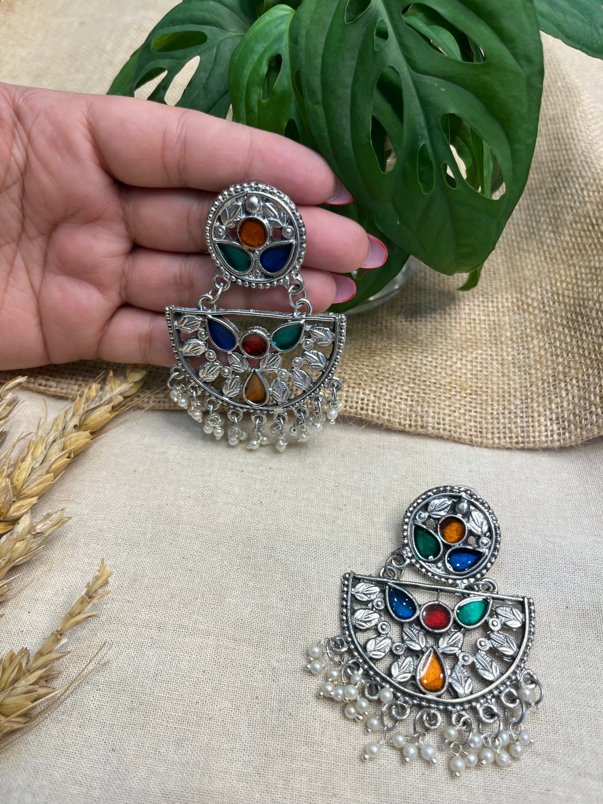 Vibrant Multicolor Glass and Oxidized Silver Earrings - WEVOW