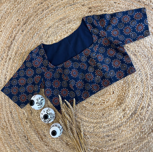 Elegant Ajrakh Blue Square Neck Blouse with Intricate Design - WEVOW