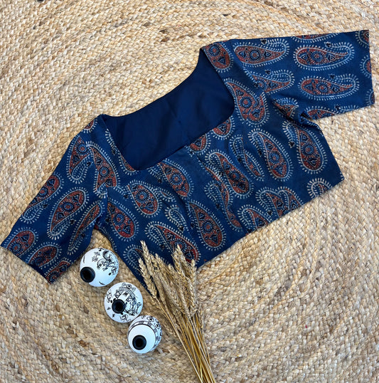 Chic Ajrakh Indigo Square Neck Blouse with Artisan Block Prints - WEVOW