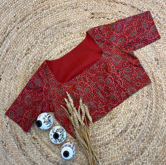 Bold Red Ajrakh Blouse with Contemporary Square Neck - WEVOW