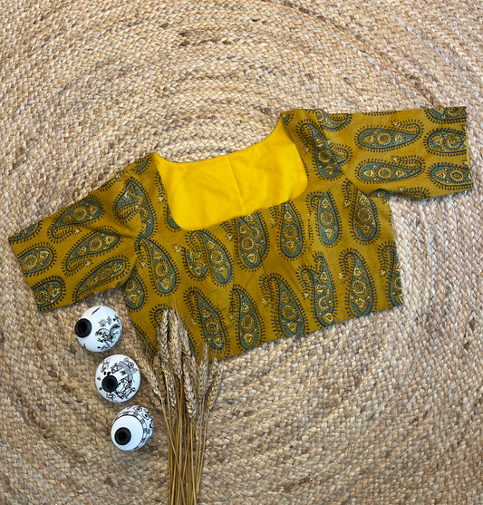 Bright Yellow Ajrakh Printed Blouse with Square Neck - WEVOW