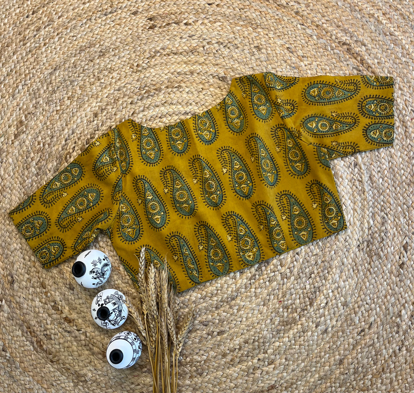 Bright Yellow Ajrakh Printed Blouse with Square Neck - WEVOW