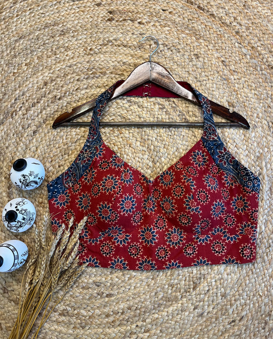 Bold Ajrakh Red Halter neck Blouse with Intricate Prints - WEVOW