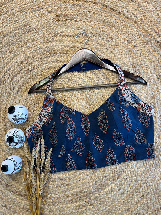 Elegant Ajrakh Indigo Halter neck Blouse with Artistic Prints - WEVOW