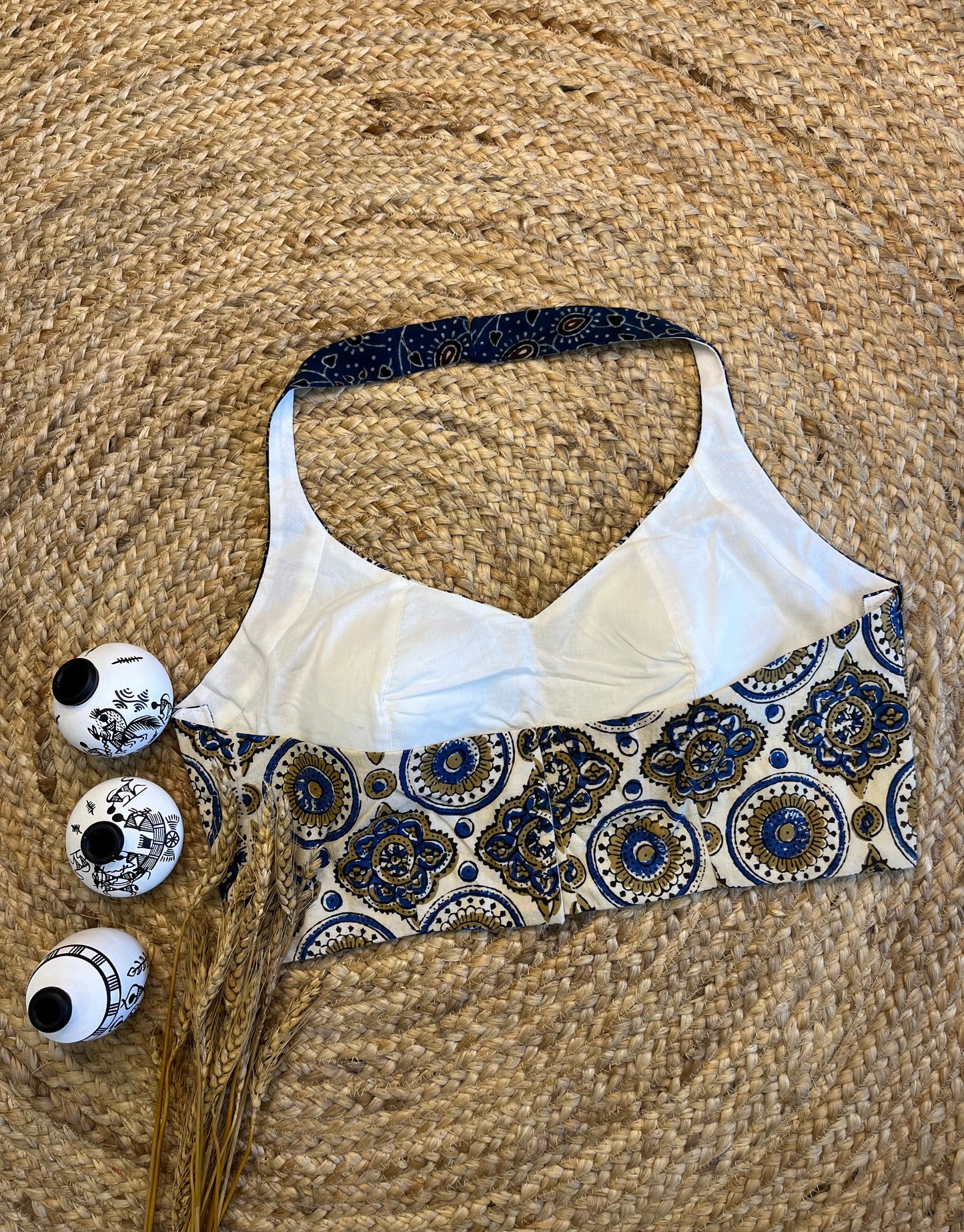 Stylish Ajrakh White and Blue Halter neck Blouse - WEVOW