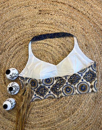 Stylish Ajrakh White and Blue Halter neck Blouse - WEVOW