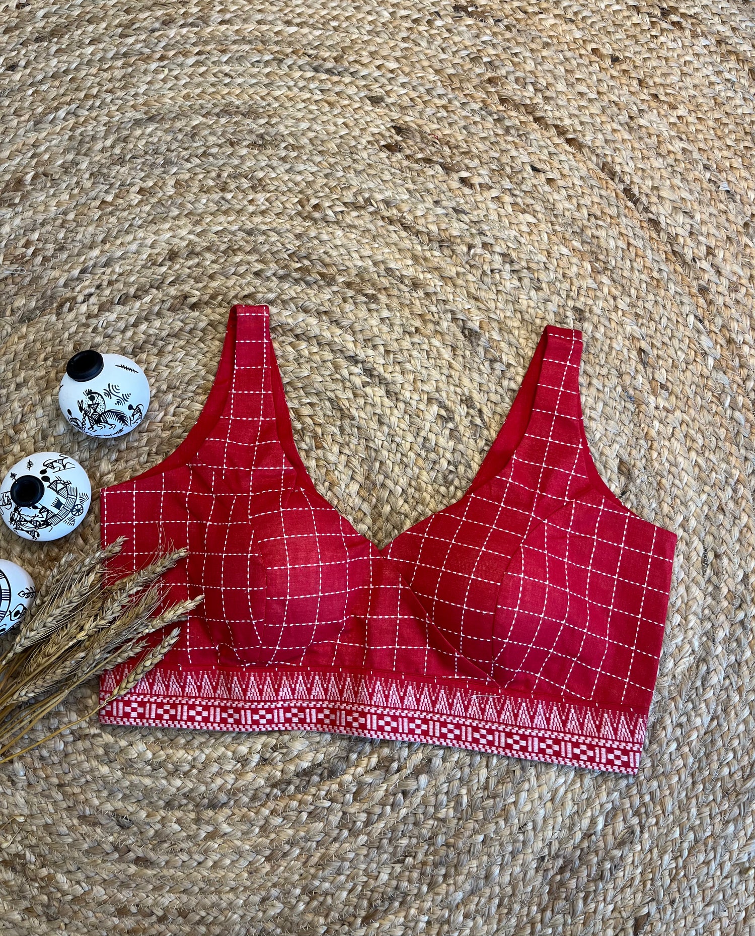Elegant Red Blouse with V-Neck White Run Kantha stitch - WEVOW