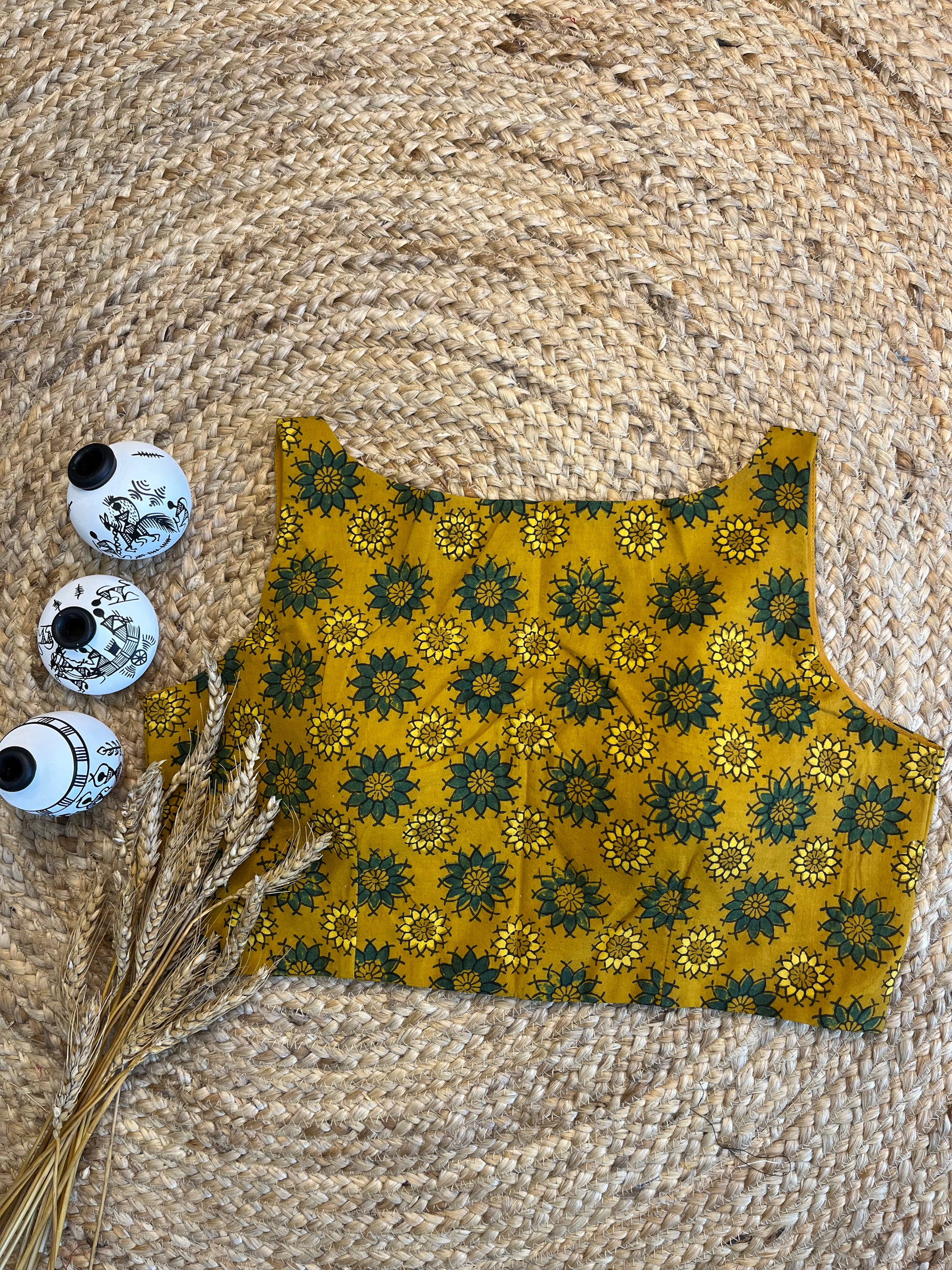Bright Yellow Front-Open Ajrakh Blouse with Vibrant Artistry - WEVOW