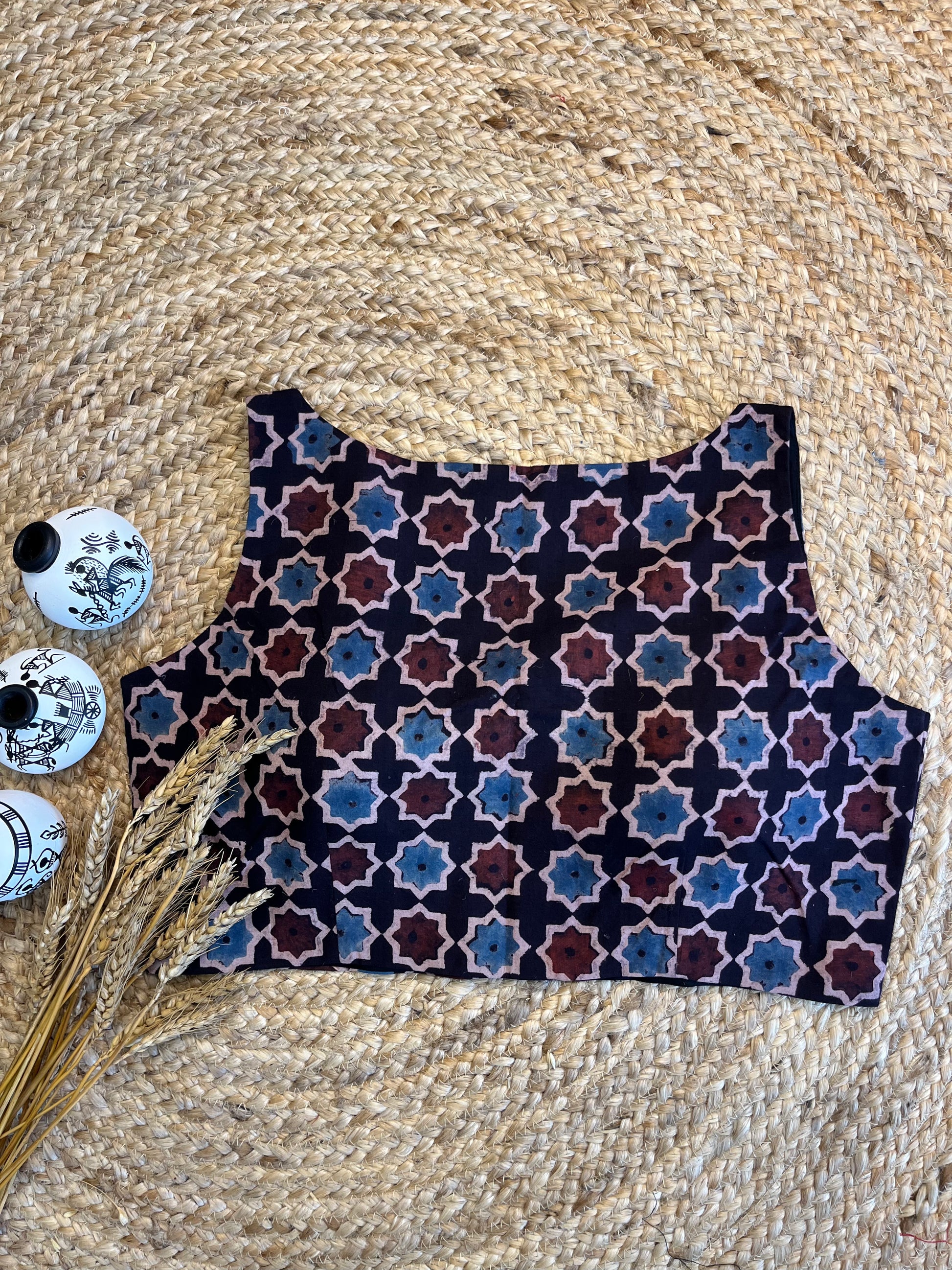 Front-Open Mixed Color Ajrakh Blouse with Artisan Charm - WEVOW