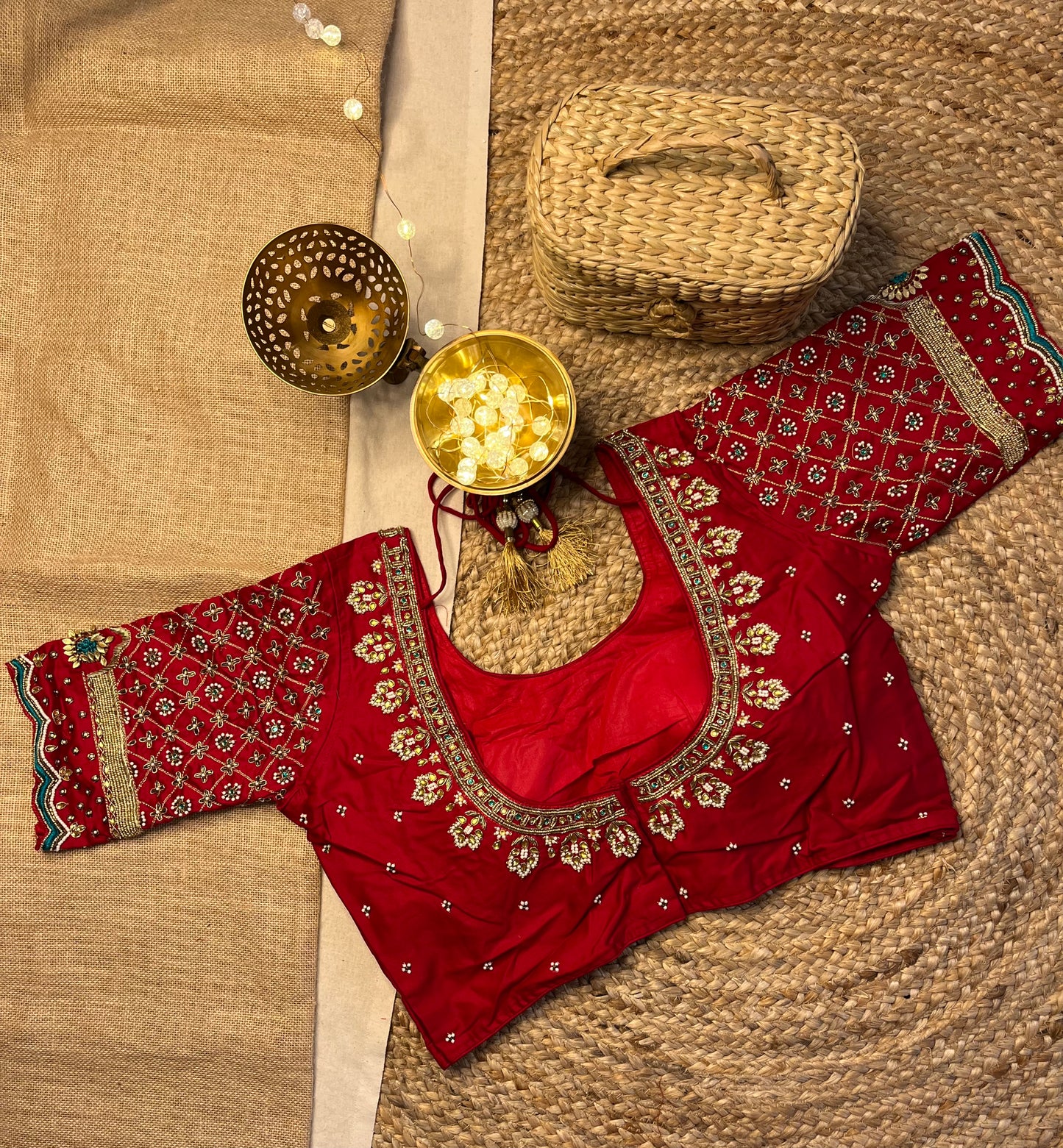 Cherry Red Bridal Blouse with Intricate Handwork - WEVOW