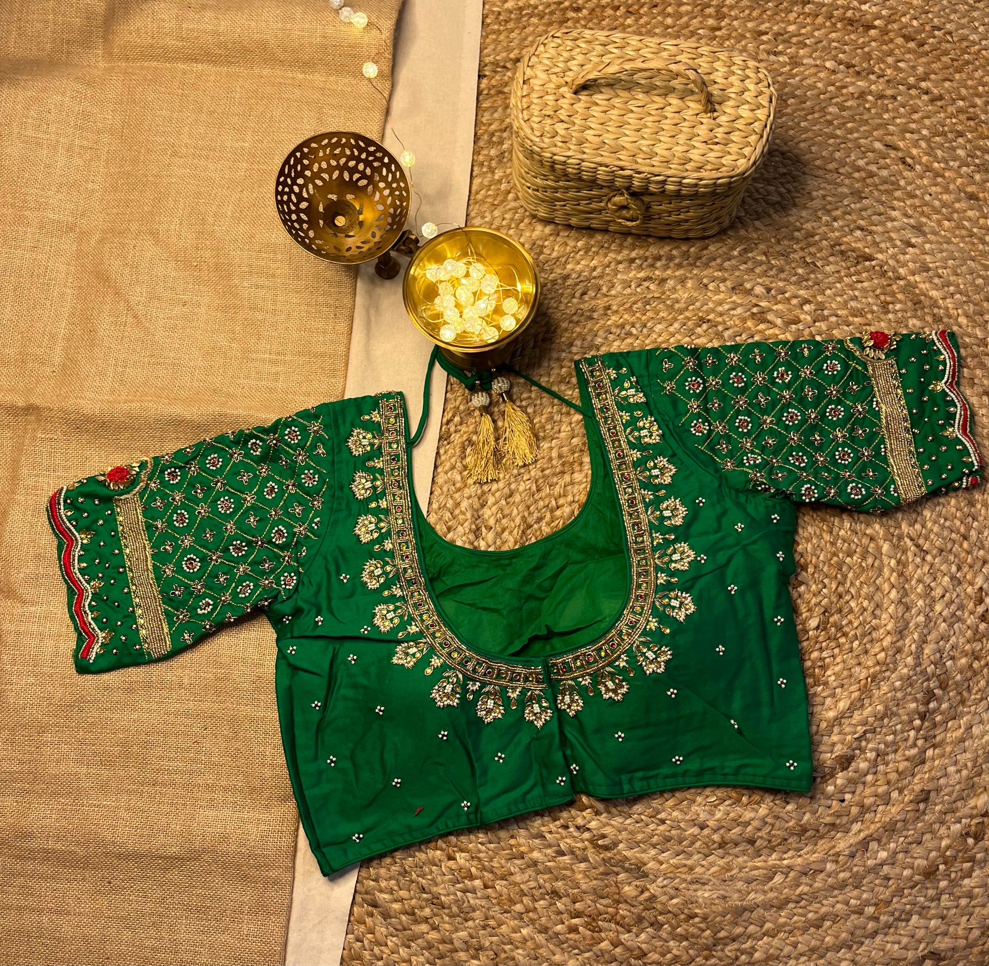Green Bridal Blouse with Intricate Handwork - WEVOW