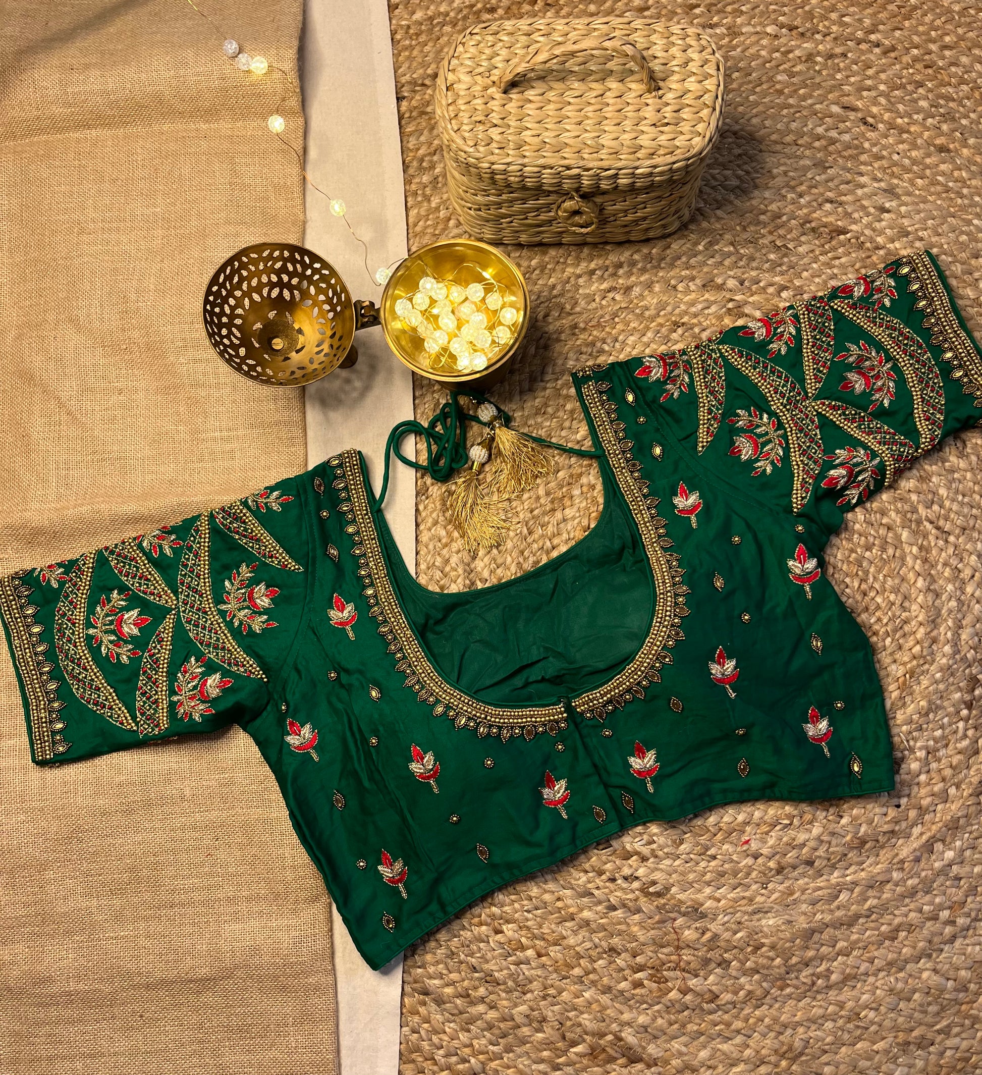 Opulent Forest Green Bridal Blouse with Kundan Embellishments - WEVOW