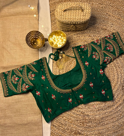 Opulent Forest Green Bridal Blouse with Kundan Embellishments - WEVOW