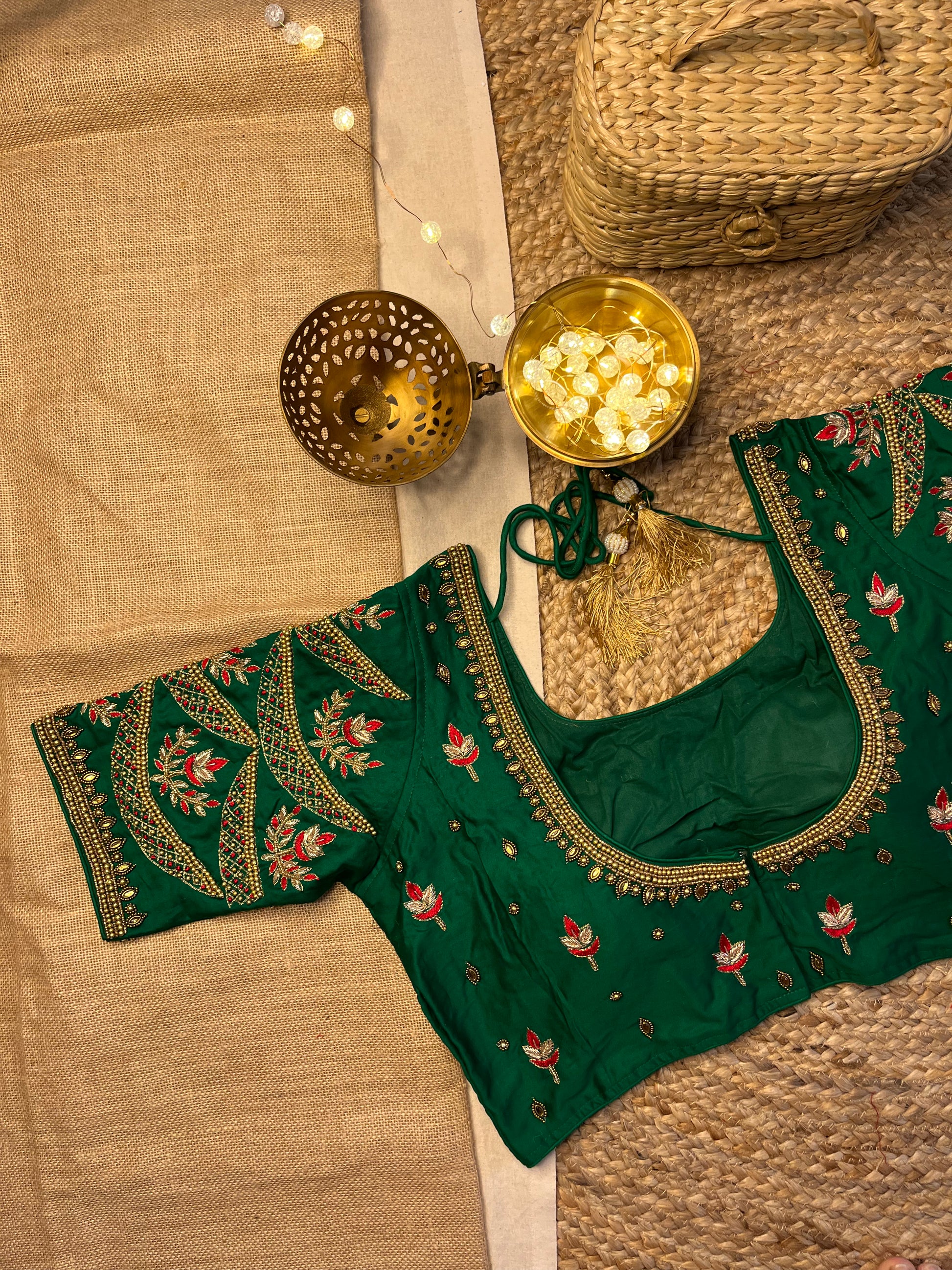 Opulent Forest Green Bridal Blouse with Kundan Embellishments - WEVOW