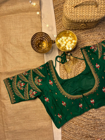 Opulent Forest Green Bridal Blouse with Kundan Embellishments - WEVOW