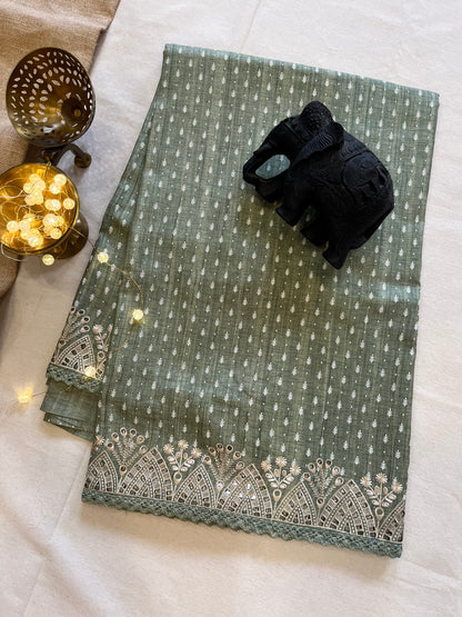 Chic Linen Saree with Lacy Border – Modern Handloom Design