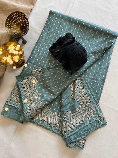 Luxurious Linen Saree with Lacy Cutwork Border – Handcrafted Detail