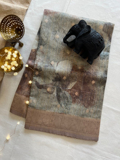 Elegant Tussar Silk Flower Motif Saree – Subtle Sophistication
