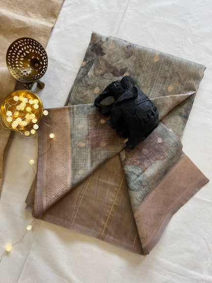 Elegant Tussar Silk Flower Motif Saree – Subtle Sophistication