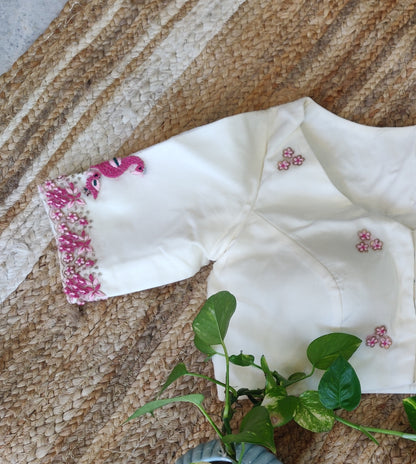Off White Organza Hand Embroidered Blouse – Boat Neck Glass Sleeve Designer  Blouse