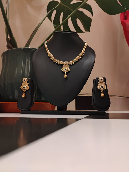 Evil Eye Inspired Antique Gold Necklace Set with Earring