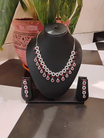 Elegant American Diamond Necklace Set with Ruby Red Stones – Premium Partywear Jewellery Set