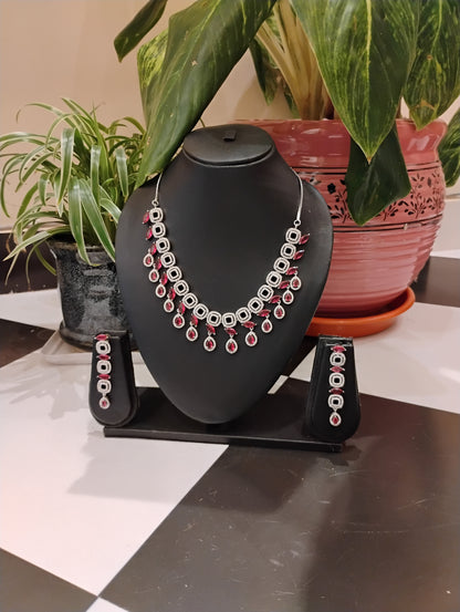 Elegant American Diamond Necklace Set with Ruby Red Stones – Premium Partywear Jewellery Set
