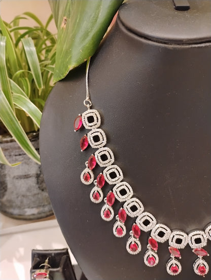 Elegant American Diamond Necklace Set with Ruby Red Stones – Premium Partywear Jewellery Set
