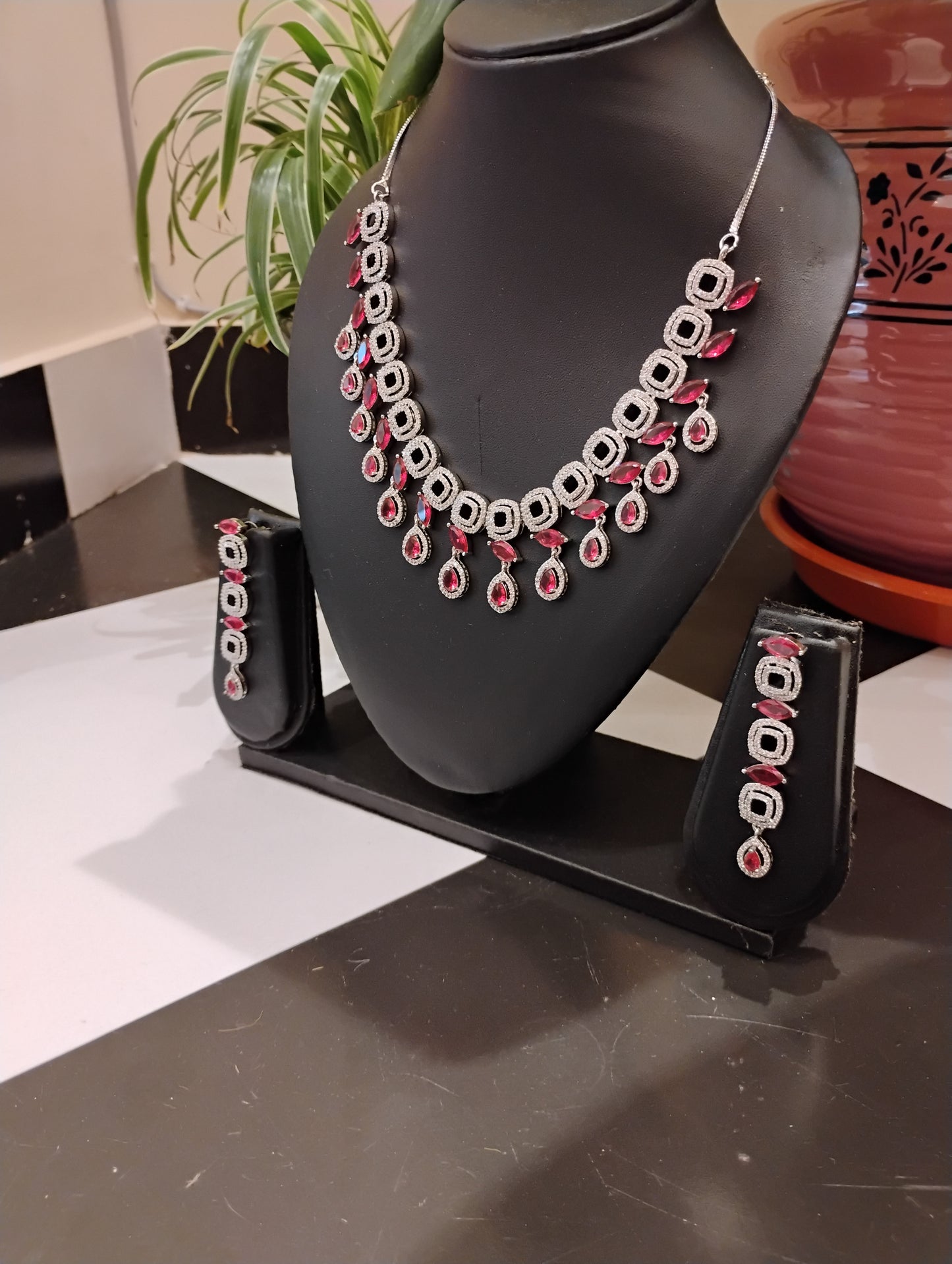 Elegant American Diamond Necklace Set with Ruby Red Stones – Premium Partywear Jewellery Set