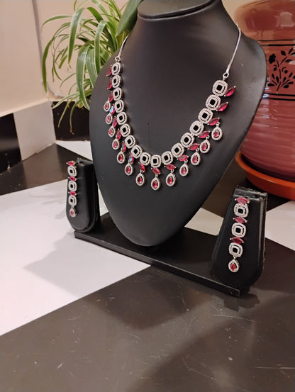 Elegant American Diamond Necklace Set with Ruby Red Stones – Premium Partywear Jewellery Set