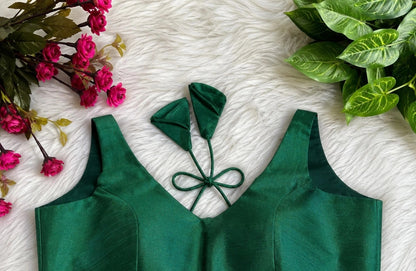 Emerald Green Solid Raw Silk Sleeveless Backless Blouse with V-Neck & Tie-Up Back