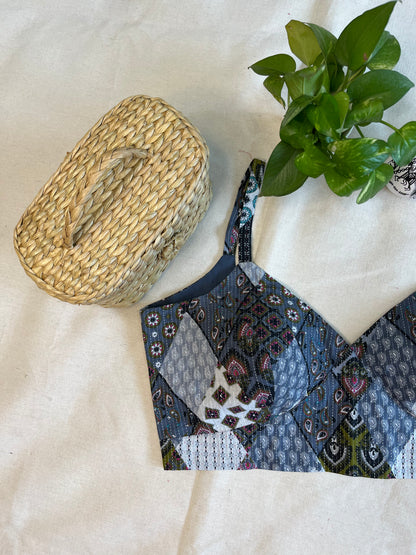 Cotton Bold Ajrakh print cotton strappy blouse  in Greyish Blue