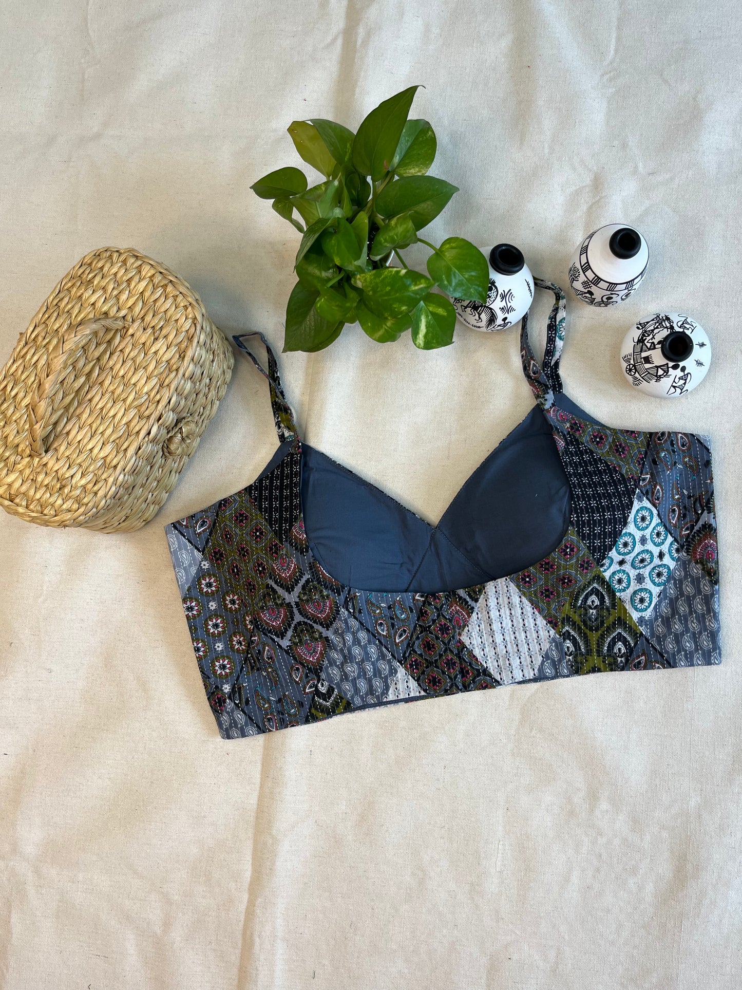 Cotton Bold Ajrakh print cotton strappy blouse  in Greyish Blue