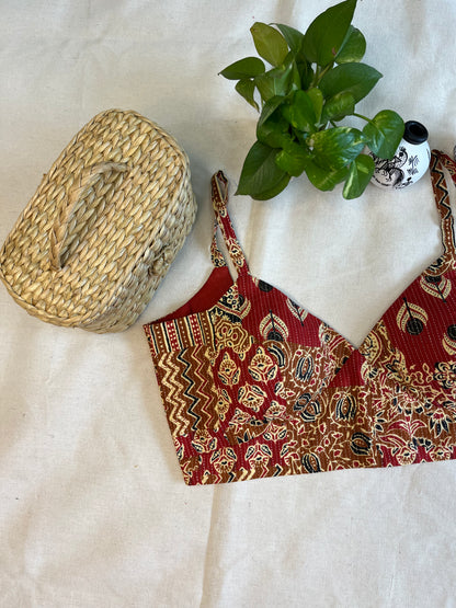 Cotton Bold Ajrakh print cotton strappy blouse  in Brick Red