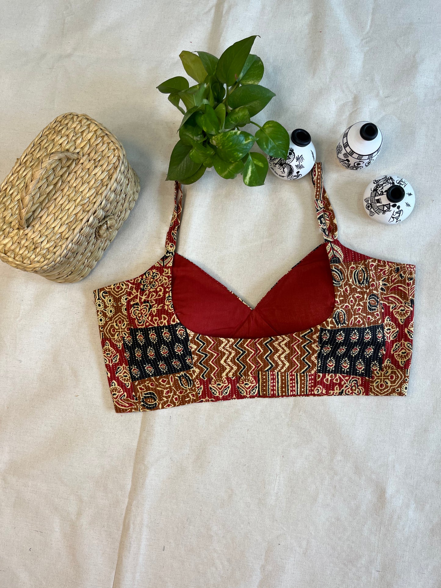 Cotton Bold Ajrakh print cotton strappy blouse  in Brick Red