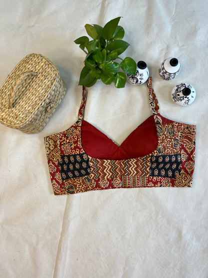 Cotton Bold Ajrakh print cotton strappy blouse  in Brick Red