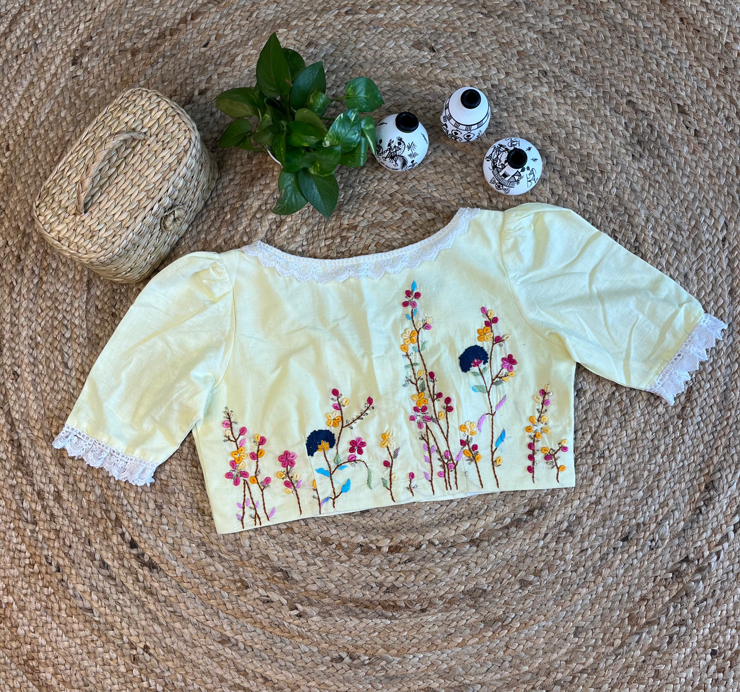 Cotton Cotton thread work with lace work in Pale yellow