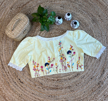 Cotton Cotton thread work with lace work in Pale yellow