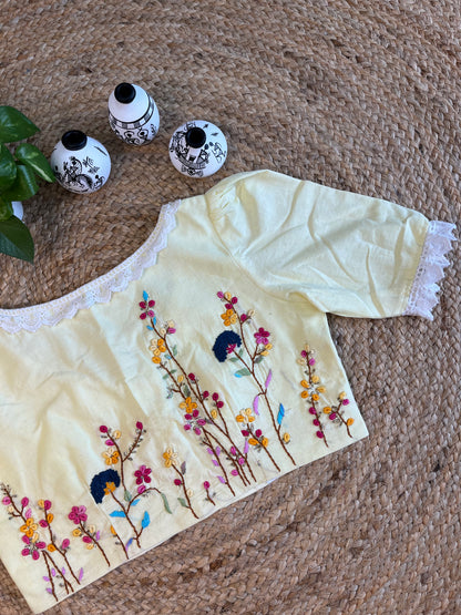 Cotton Cotton thread work with lace work in Pale yellow